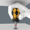 Preview: The image depicts a stylized hand holding a screwdriver with an ergonomic handle. The handle is black with yellow patterns, while the tip is inserted into a screw.