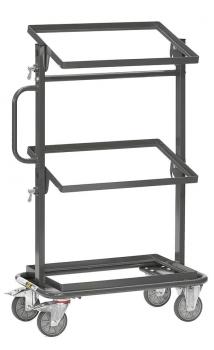 The image shows a narrow, black shelving cart with three shelves. It has a handle and four wheels, making it mobile. The structure is stable and square.