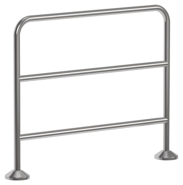 The image shows a low, curved metal barrier. It has two horizontal bars and is securely anchored at both ends. It appears simple and functional.