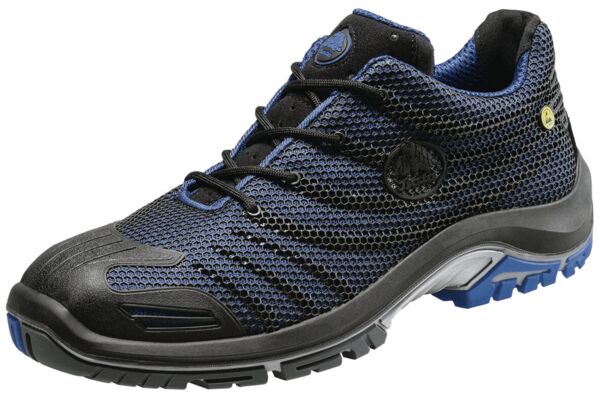 The shoe is a sporty, lightweight sneaker in black and blue. It features a textured mesh upper, a durable rubber sole, and comes with black laces for tying.