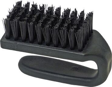 The image shows a black brush with an ergonomic handle. The brush head has many short nylon bristles, densely arranged, used for cleaning or grooming.