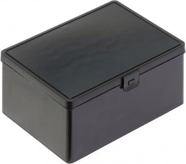 The image shows a black, rectangular box with a smooth, shimmering lid. It has rounded edges and a simple clasp on the front.