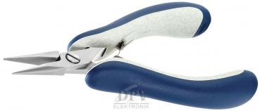 This is a pair of pliers with two narrow blades and ergonomic, soft handles. The handles are blue and white. The blades are metallic and sharp, ideal for cutting.