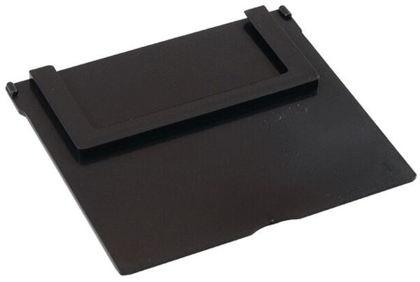 The image shows a black, flat plate made of plastic or metal. It has a rectangular shape with a small raised area on the top, which serves as a mount.