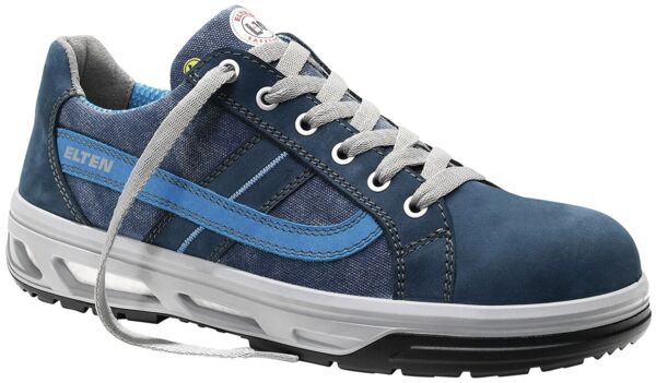 The shoe is a sporty, blue sneaker with gray laces. It has a light, thick sole and a blue line on the side. The upper material is made of denim and leather.