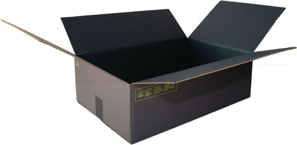 The image shows a large, black cardboard box with an open lid. The box is rectangular and has indented areas on the sides. Inside, it is empty and dark.