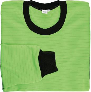 The image shows a green, striped shirt. It has a black collar and a black sleeve. The material appears to be light and comfortable.