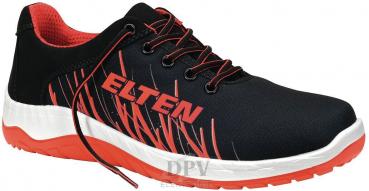 The shoe is a sporty, black sneaker with red accents. It has a white sole and a distinctive lacing. On the side, the lettering "ELTEN" is displayed in large letters.