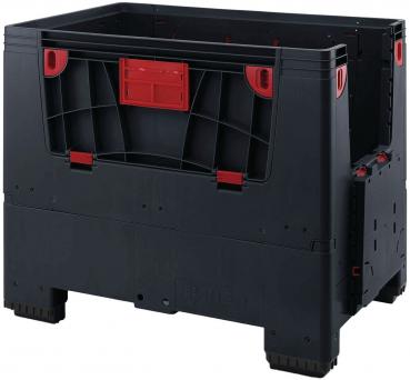 The image shows a black plastic container with red elements. It has a sturdy, rectangular base and open sides that serve for ventilation.