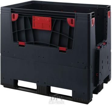 The image shows a sturdy, black plastic container with red accents. It has fitted handles and an open top, ideal for storing or transporting items.