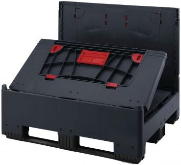 The image shows a black transport box with a red clasp. The box has a foldable top that is slightly open, and a sturdy base structure.