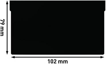 Das Bild zeigt ein schwarzes Rechteck mit den Abmessungen 102 mm in der Breite und 79 mm in der Höhe. Es hat eine abgerundete obere Kante. Es sieht aus wie ein Kartenformat.