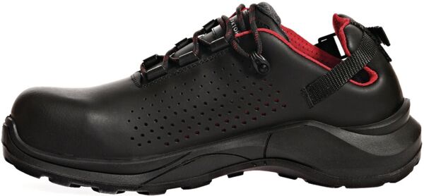 The image shows a black safety shoe with red accents. It features a flat sole, a breathable surface with small holes, and elastic lacing.