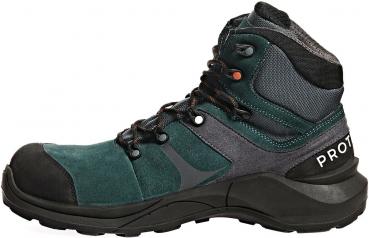 The shoe is a high hiking boot in dark green with gray inserts. It has a reinforced toe cap, laces, and a non-slip sole. The side displays the logo 