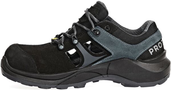 The shoe is a black, low-cut athletic shoe with a sturdy, non-slip sole. It has a lace-up upper and reinforced areas, important for outdoor activities.