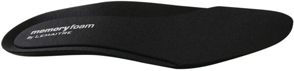 The image shows a black memory foam shoe insole. The shape is ergonomic and slightly wavy, with a logo that reads "memoryfoam by Lemaître".