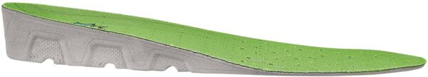 The image displays an elongated shoe sole. The underside is gray and textured, while the top side is bright green with small holes for breathability.