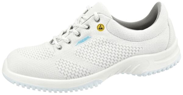 The shoe is lightweight and sporty, primarily in white with a mesh material. It has a bright, non-slip sole and six eyelets for laces. A blue accent is visible.