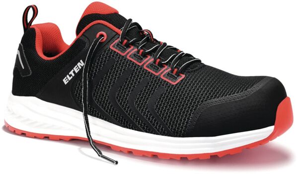 The shoe is sporty with a black upper and red accents. It has a sturdy sole with a rough profile and laces made of black material.