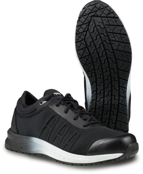 The image shows a pair of black athletic shoes with a non-slip sole. The shoes feature a breathable upper and a reinforced toe cap for added protection.