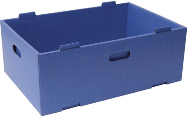 The box is rectangular and made of solid, blue material. It has two side handle openings to facilitate carrying, and an open top. It appears sturdy and spacious.