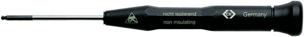 The image shows a black screwdriver with a short, straight, silver head. The handle has a non-slip surface and is marked with lettering and symbols.