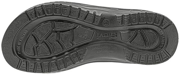 The image shows the underside of a shoe with a coarse, textured tread. The sole is black, with various slip-resistant patterns and the inscription "Sival".