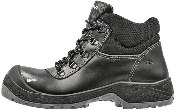 The image shows a black work boot with a high-top design. It has a sturdy rubber sole, reinforced eyelets, and a padded collar for better support. Ideal for outdoor use.