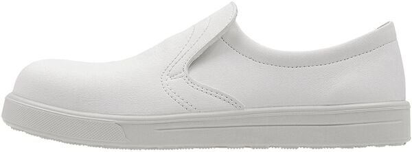 The shoe is a white slipper with a flat sole and an elastic insert across the instep. It has no lacing and appears simple and comfortable.