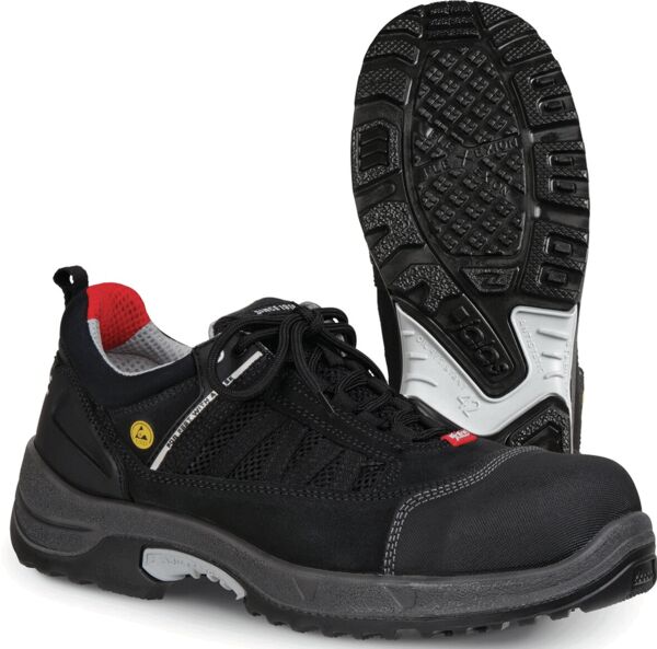 The image shows a pair of black safety shoes. They have a non-slip sole, a reinforced toe, and laces. The shoe provides protection and comfort for work environments.