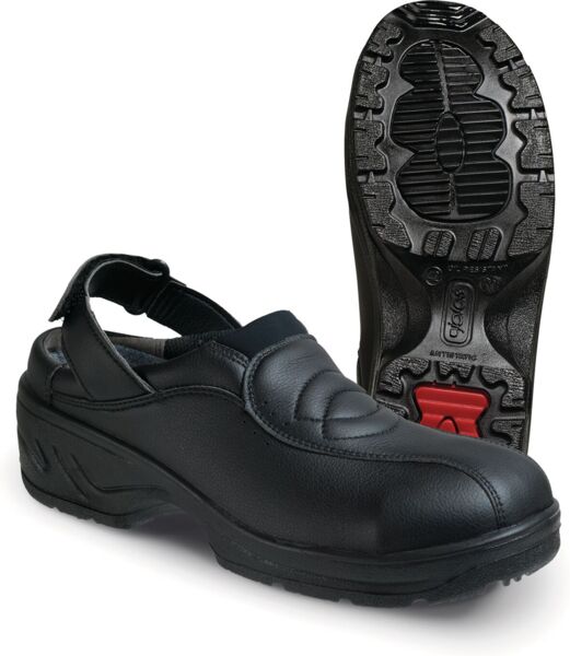 The image shows a black, semi-open shoe with a padded front and a flexible padded heel strap, as well as a non-slip, textured sole.