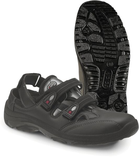 The image shows a black, lightweight shoe with two Velcro straps and an open design. The sole has a textured profile for good grip on various surfaces.