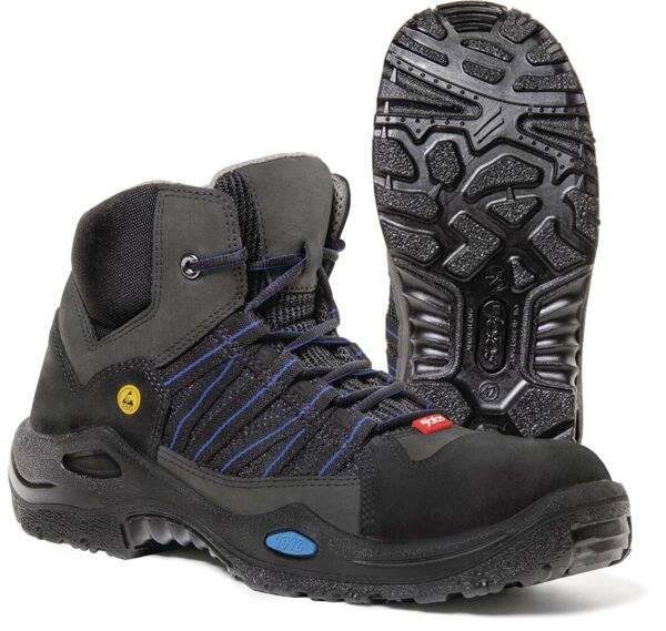 The image shows a pair of sturdy, black safety boots with laces. The outsole has a strong tread for better grip. One boot is positioned on the left, the other on the right, slightly offset.