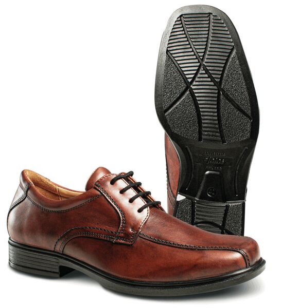 The image shows elegant, brown leather shoes with lacing. The sole is black with a non-slip pattern. The shoes appear classic and well-maintained.