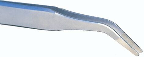 The image shows a fine, metallic tweezer with a curved tip. It has a smooth surface and is slender, ideal for grasping small objects.