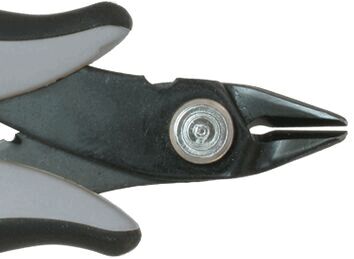 The image shows a gray-black pliers with a pointed, narrow blade. The handle is ergonomically shaped, and the pliers have a circular joint in the middle.