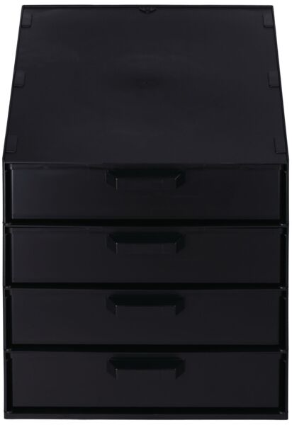 The image shows a black dresser with four drawers. The drawers have clear handles and the surface is smooth and flat. The dresser has a practical, simple shape.