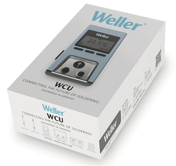 The image shows a package for a Weller brand device. On the front, the temperature display (23.5 °C) and controls are visible. The text refers to the future of soldering.