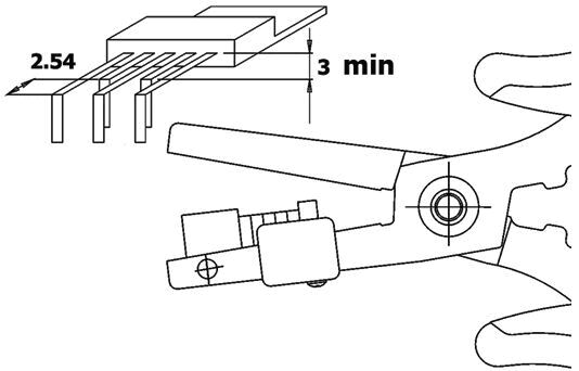 The image shows a tool for crimping cable shields, with a schematic representation of the tip and a time indication of 3 minutes. Dimensions are provided.