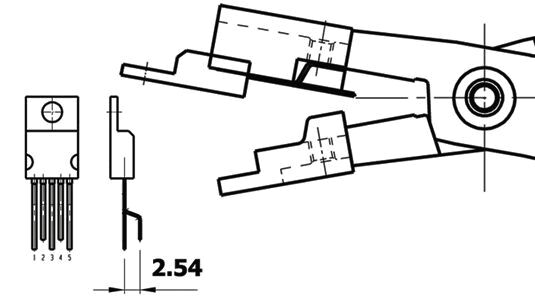 The image displays technical drawings of a connector. On the left is a front view with five pins, on the right a side view of the connection. The dimensions are scaled, with a marking of 2.54 mm.