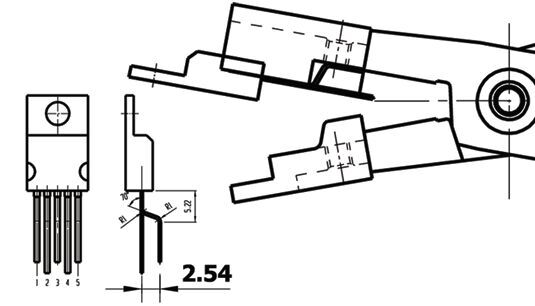 The image displays technical drawings of a component with multiple connection pins. Dimensions and perspectives are shown, explaining the shape and connecting elements.