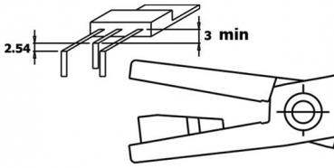 The image displays a technical drawing. At the top is a component with three pins and dimensions. Below is a pair of pliers depicted grasping the component.