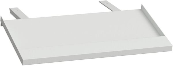 The image shows a flat, rectangular tray made of white material. It has a slight elevation along the lower edge. It features two brackets protruding on one side.