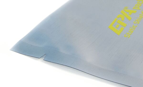 The image shows a transparent, flexible plastic bag with a bluish tint. On the bag, in yellow, is 