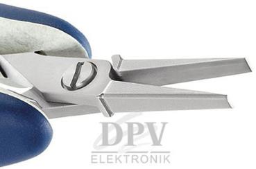 The image shows a precise pair of pliers with two pointed, metallic jaws. The handle is coated with blue and gray rubber, which provides a better grip.