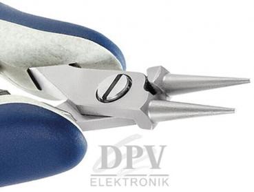 The image shows a fine pair of pliers with two pointed jaws. The handles are blue and ergonomically shaped, while the head is made of shiny metal. A screw mechanism is visible.