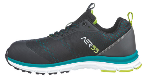 The shoe is a sporty half-shoe in black with gray and blue accents. It has a sturdy sole, laces, and a modern design, suitable for outdoor activities.