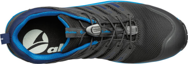 The image shows a black sports shoe with blue accents. It features a breathable structure, laces, and a cushioned insole. The sole is sturdy.