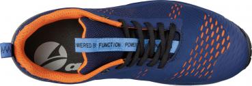 The image shows a blue sports shoe with orange accents. The shoelaces are black, and there is a blue banner with the text "Powered by Function".