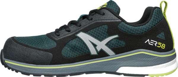 The shoe is a sporty sneaker in dark green and black. It has a flexible sole, reinforced toe protection, and reflective elements in silver and yellow.